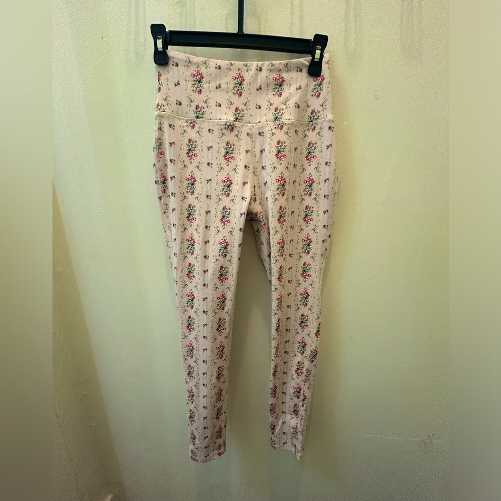 LoveShackFancy Floral Print Leggings - Cream and Pink